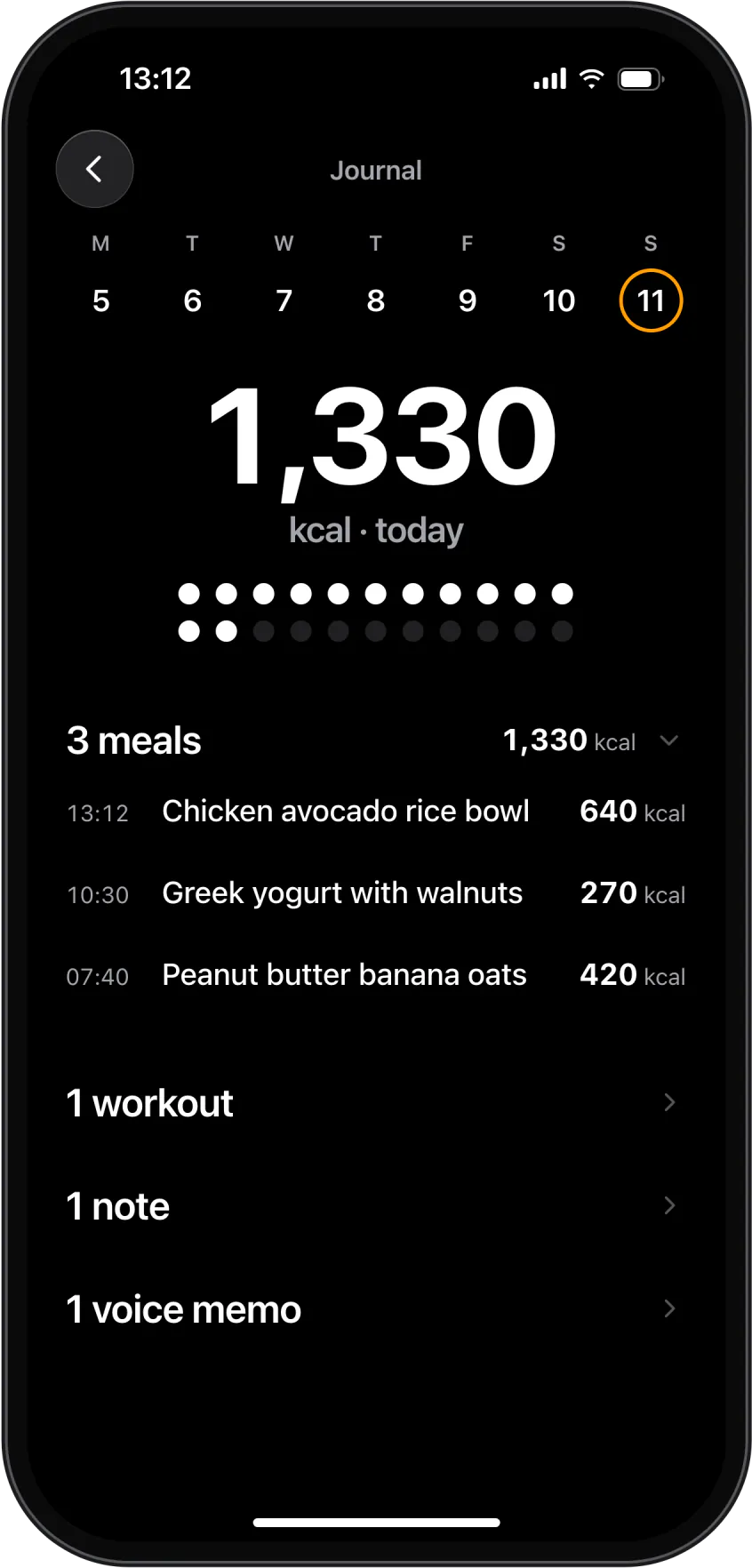 The journal for today: three meals, one workout, one note and one voice memo.