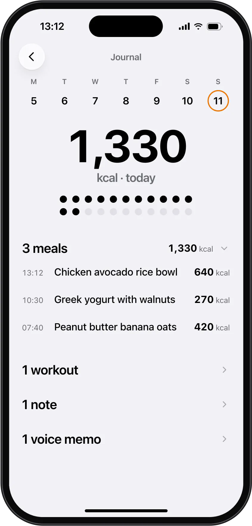 The journal for today: three meals, one workout, one note and one voice memo.