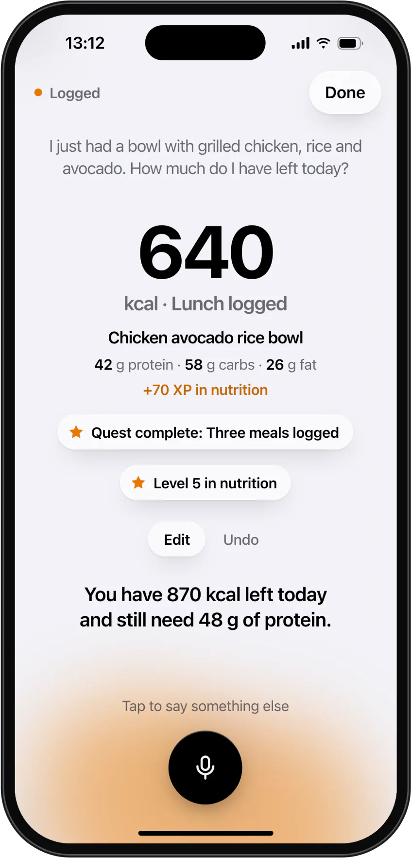 A spoken meal logged as a 640 kcal lunch, with the answer: you have 870 kcal left today.